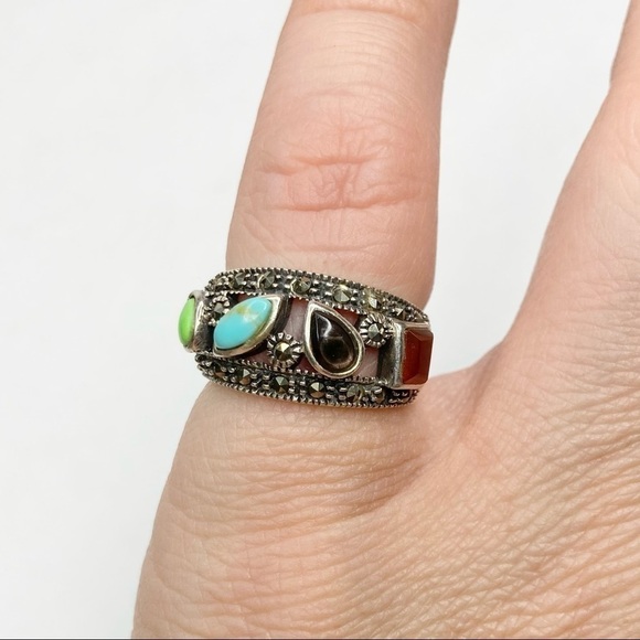 Sterling 925 Boho Marcasite Turquoise Blue Onyx Jasper Agate Ring Size 6 - Picture 13 of 14